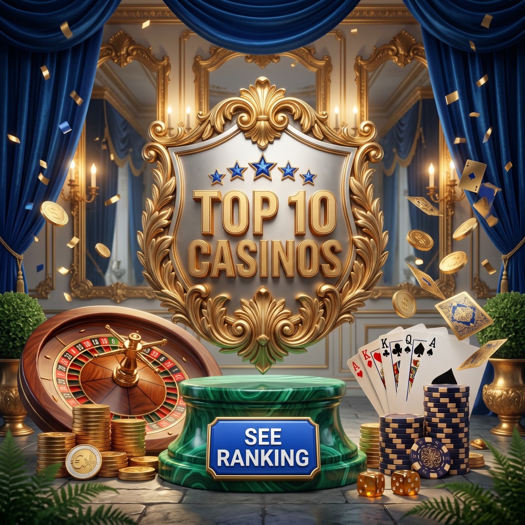 Casino hotels ranking crest with roulette, cards and chips